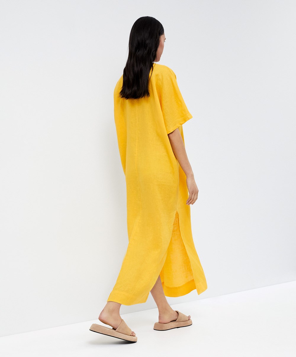 Oysho 100% Linen Tunic φορεμα Mid-yellow | MJGRPQ-281