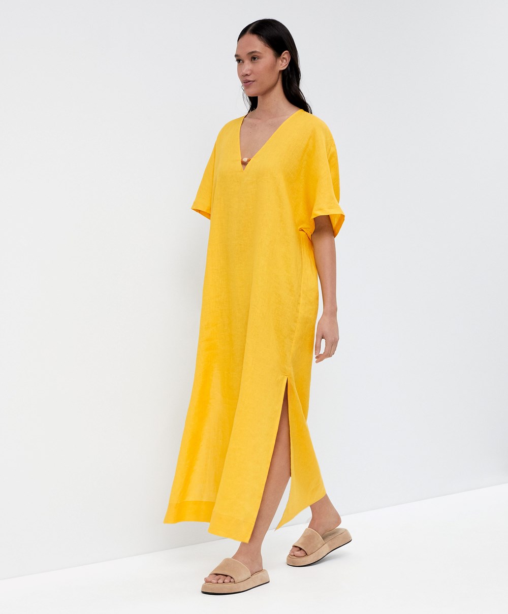 Oysho 100% Linen Tunic φορεμα Mid-yellow | MJGRPQ-281