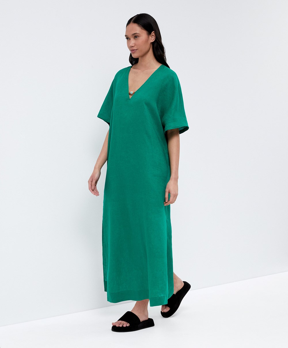 Oysho 100% Linen Tunic φορεμα πρασινο | VXGSEP-695