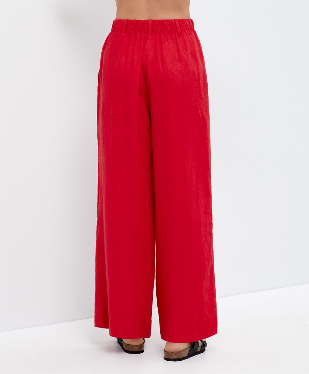 Oysho 100% Linen φαρδια-leg Trousers κοκκινα | KYDIEL-918