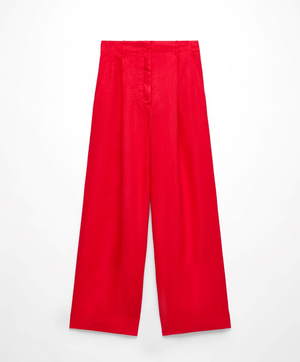 Oysho 100% Linen φαρδια-leg Trousers κοκκινα | KYDIEL-918