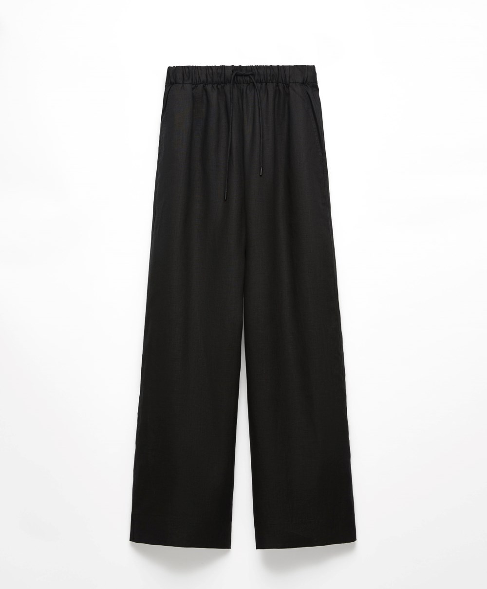 Oysho 100% Linen φαρδια Ευθεία-leg Trousers μαυρα | BURTEH-716