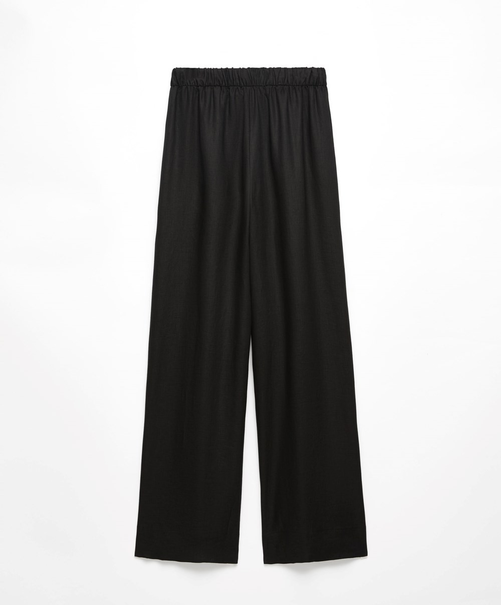 Oysho 100% Linen φαρδια Ευθεία-leg Trousers μαυρα | BURTEH-716