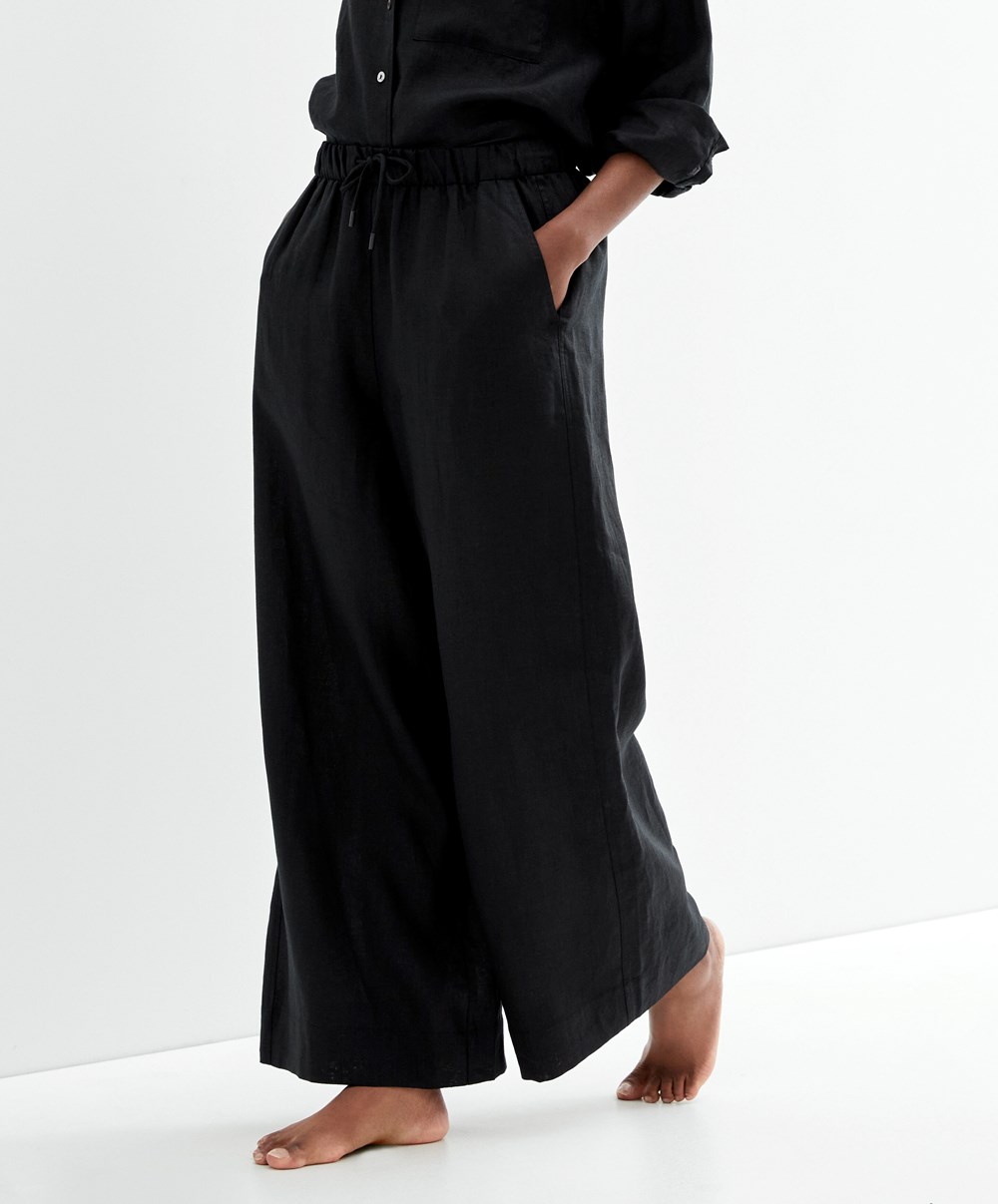 Oysho 100% Linen φαρδια Ευθεία-leg Trousers μαυρα | BURTEH-716