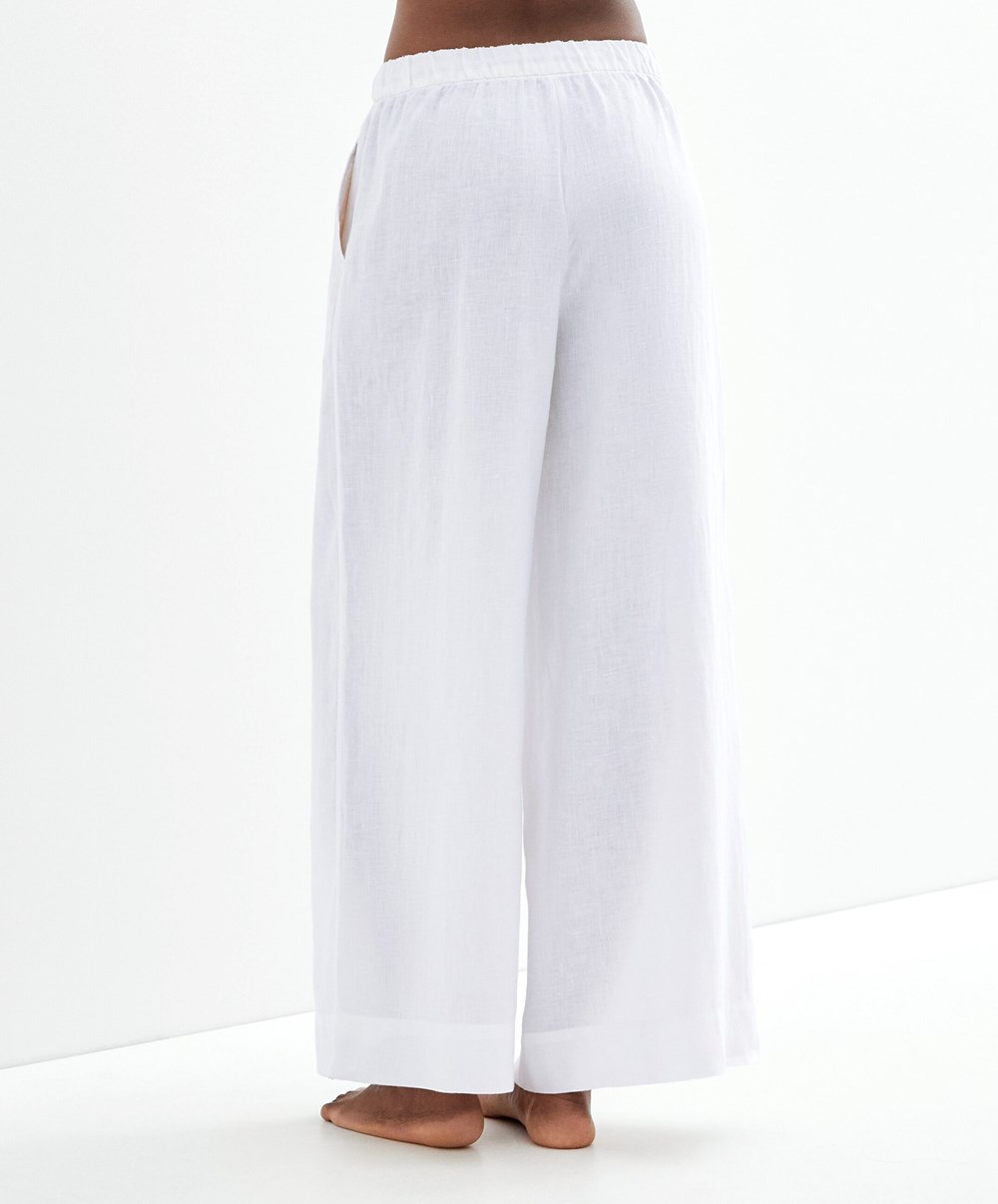 Oysho 100% Linen φαρδια Ευθεία-leg Trousers ασπρα | DWOLNI-438