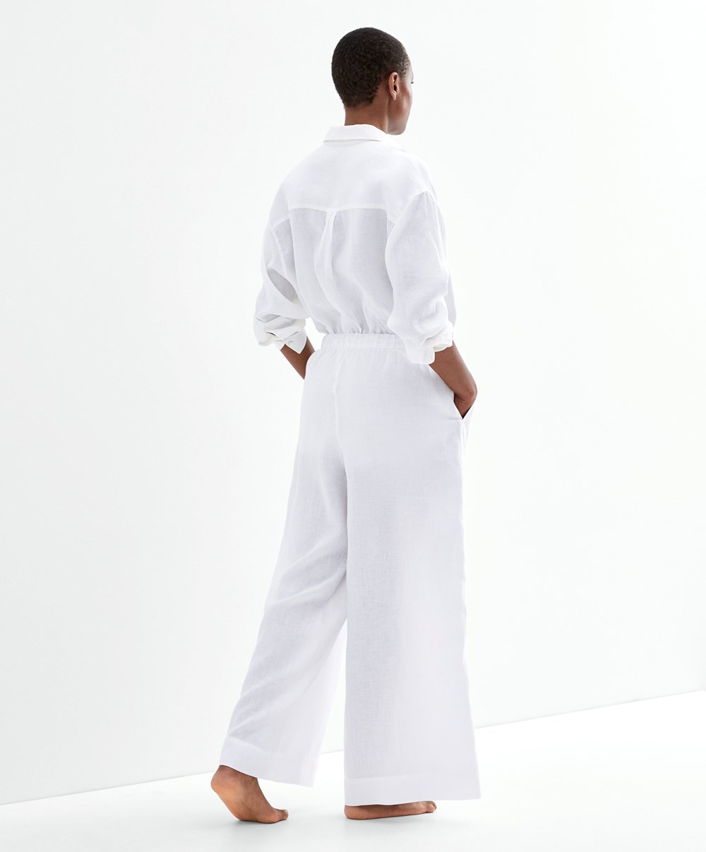 Oysho 100% Linen φαρδια Ευθεία-leg Trousers ασπρα | DWOLNI-438