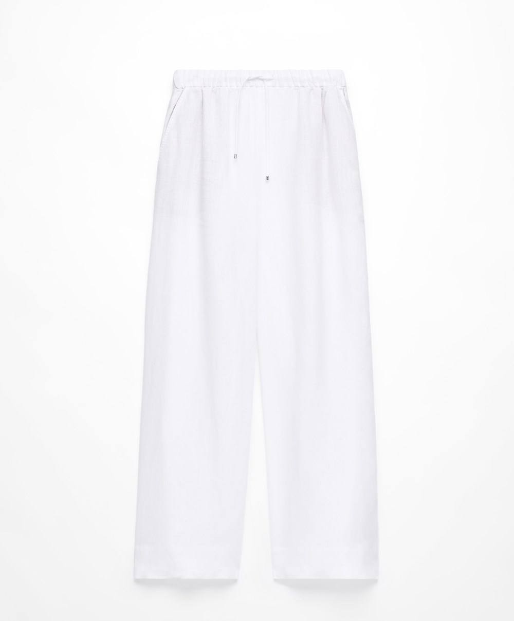 Oysho 100% Linen φαρδια Ευθεία-leg Trousers ασπρα | DWOLNI-438