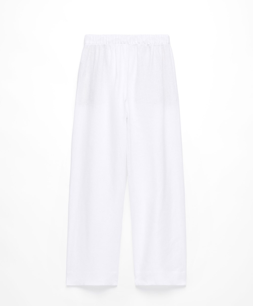 Oysho 100% Linen φαρδια Ευθεία-leg Trousers ασπρα | DWOLNI-438