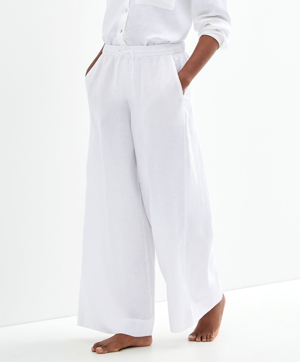 Oysho 100% Linen φαρδια Ευθεία-leg Trousers ασπρα | DWOLNI-438