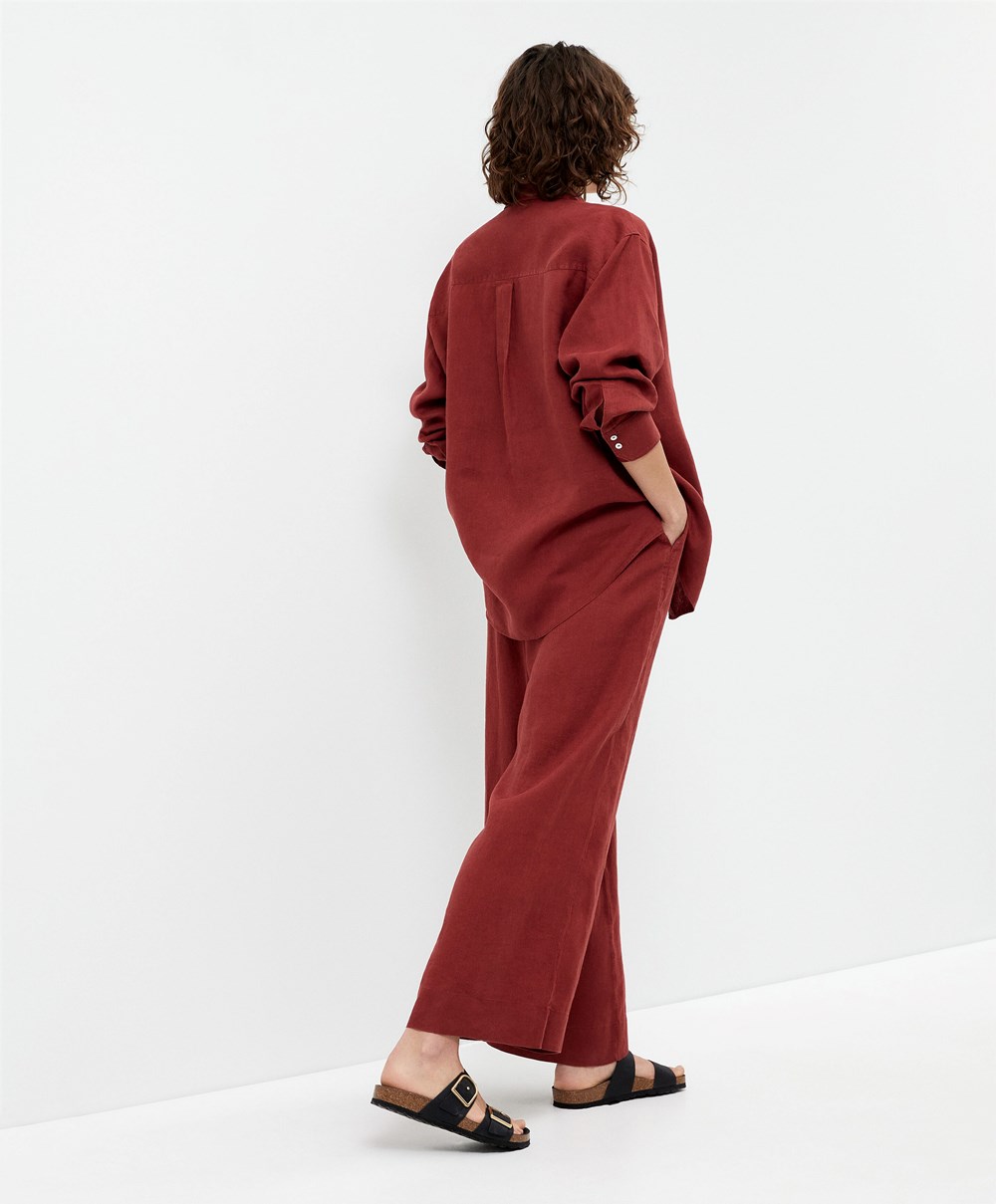 Oysho 100% Linen φαρδια Ευθεία-leg Trousers καφε | HKTQPE-219