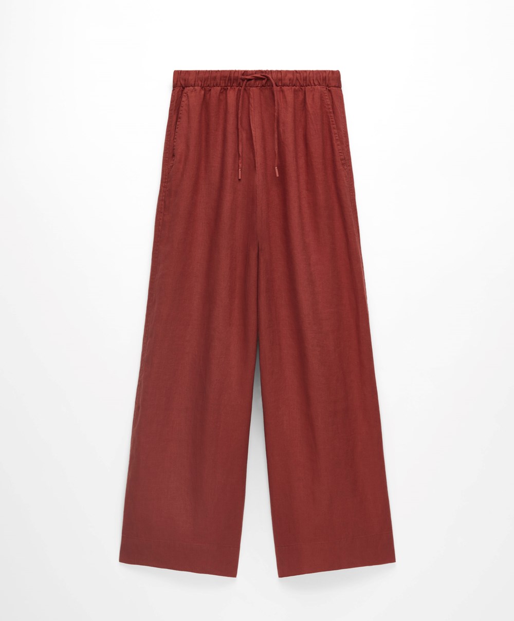 Oysho 100% Linen φαρδια Ευθεία-leg Trousers καφε | HKTQPE-219