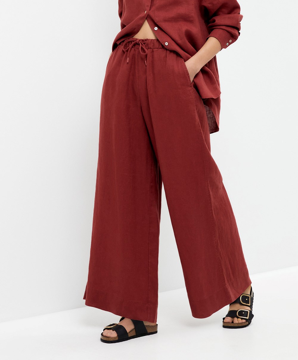 Oysho 100% Linen φαρδια Ευθεία-leg Trousers καφε | HKTQPE-219