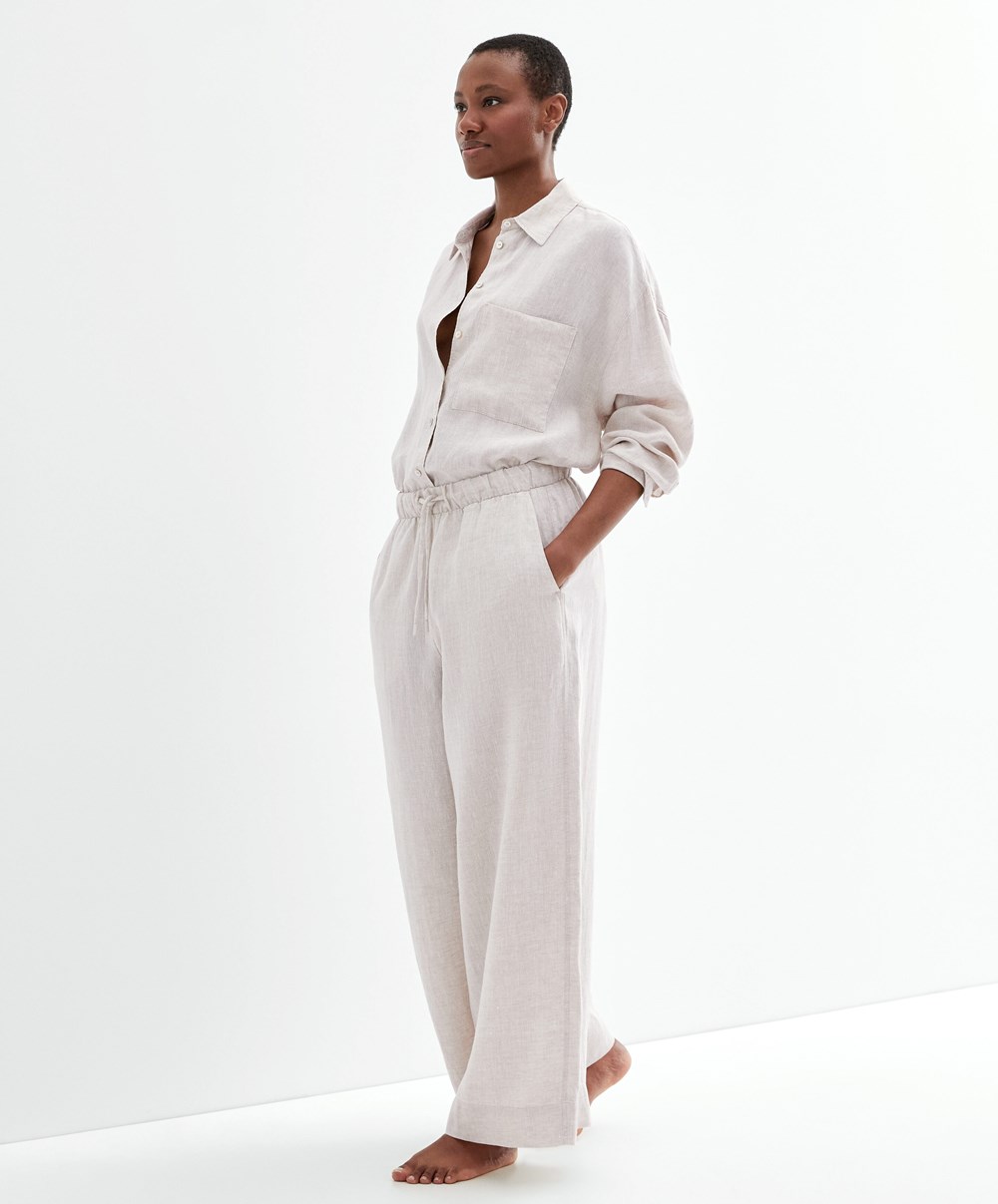 Oysho 100% Linen φαρδια Ευθεία-leg Trousers Sand Melange | LIMKVB-173