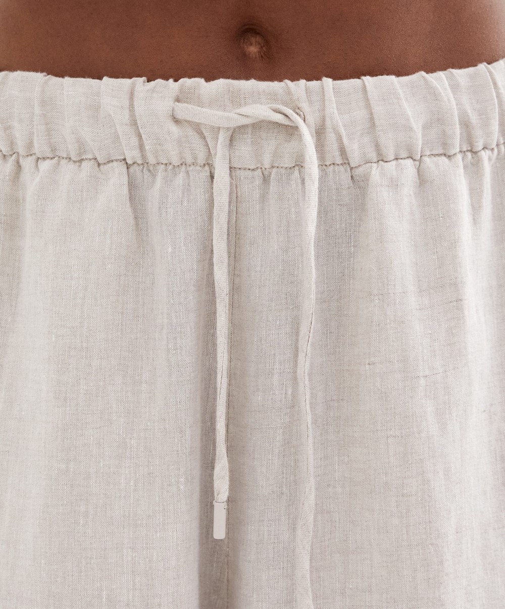 Oysho 100% Linen φαρδια Ευθεία-leg Trousers Sand Melange | LIMKVB-173