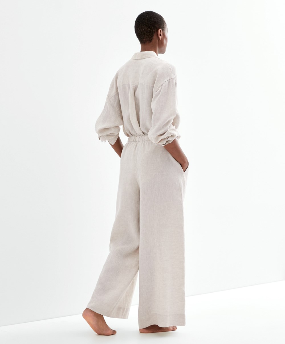 Oysho 100% Linen φαρδια Ευθεία-leg Trousers Sand Melange | LIMKVB-173