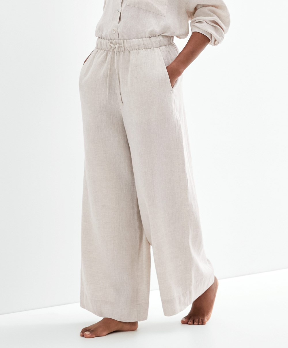 Oysho 100% Linen φαρδια Ευθεία-leg Trousers Sand Melange | LIMKVB-173