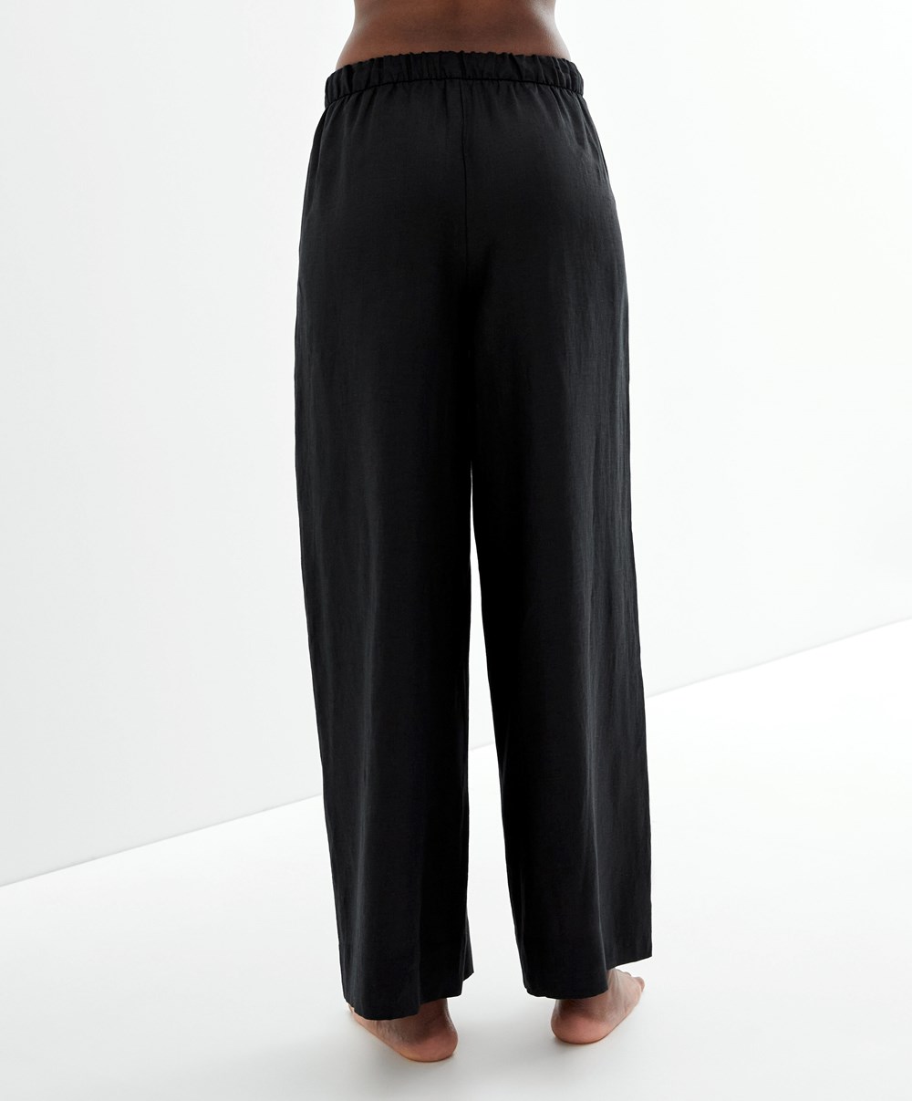 Oysho 100% Linen φαρδια Ευθεία-leg Trousers μαυρα | MCTHNY-809