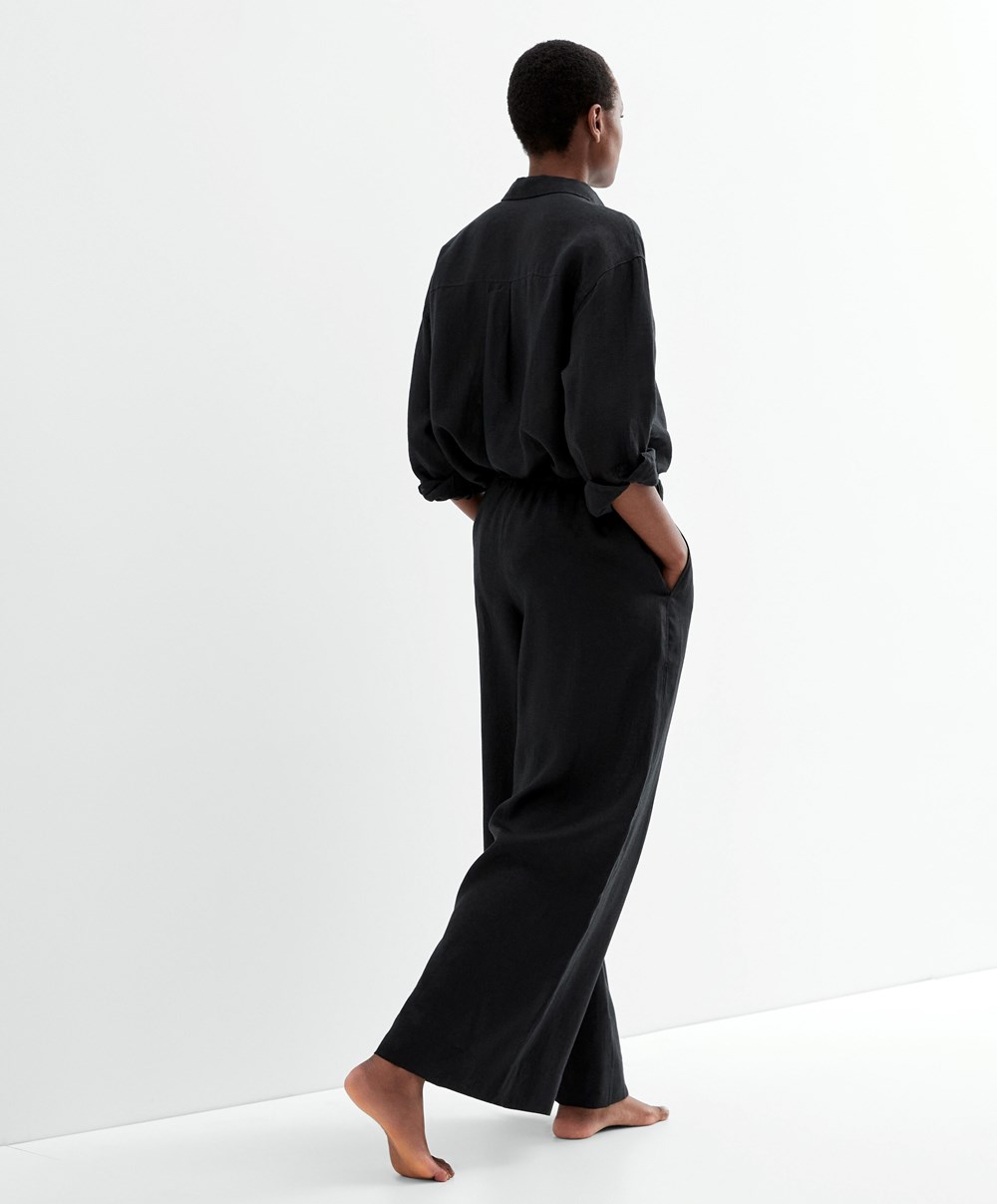 Oysho 100% Linen φαρδια Ευθεία-leg Trousers μαυρα | MCTHNY-809