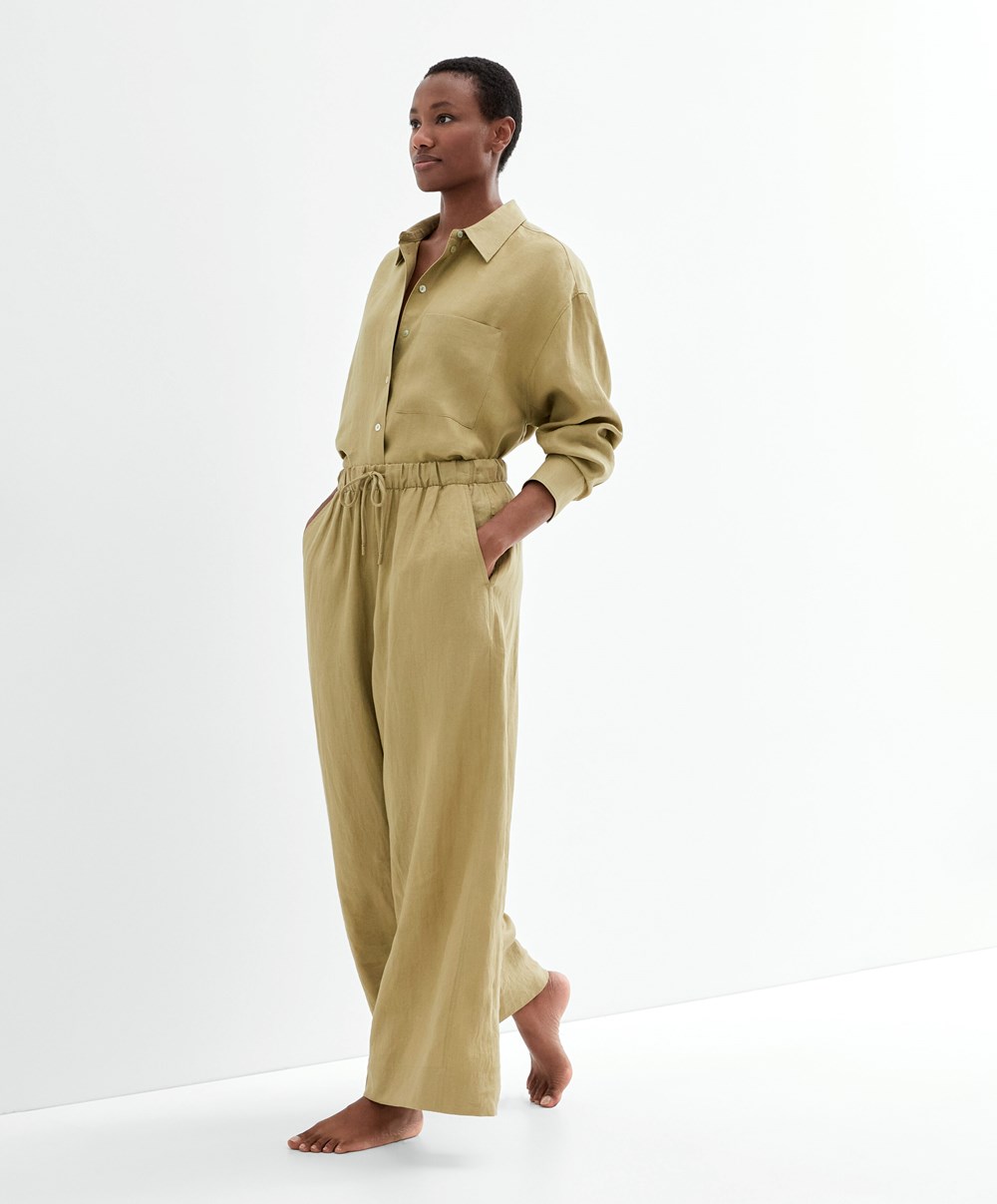 Oysho 100% Linen φαρδια Ευθεία-leg Trousers Χακί | ROYJFG-239