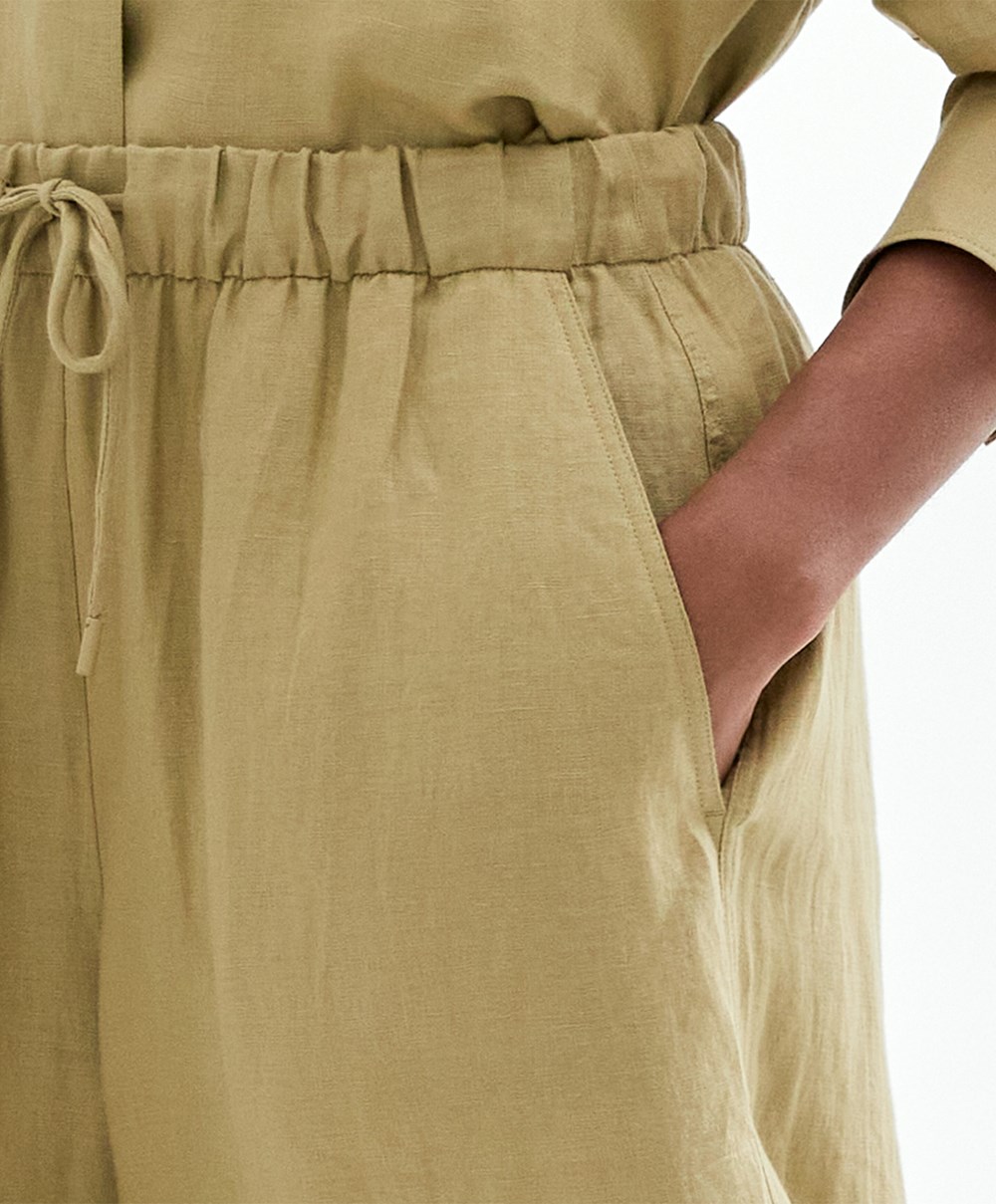 Oysho 100% Linen φαρδια Ευθεία-leg Trousers Χακί | ROYJFG-239