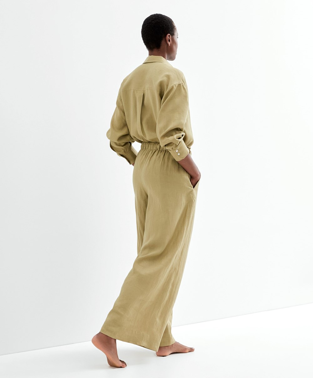 Oysho 100% Linen φαρδια Ευθεία-leg Trousers Χακί | ROYJFG-239