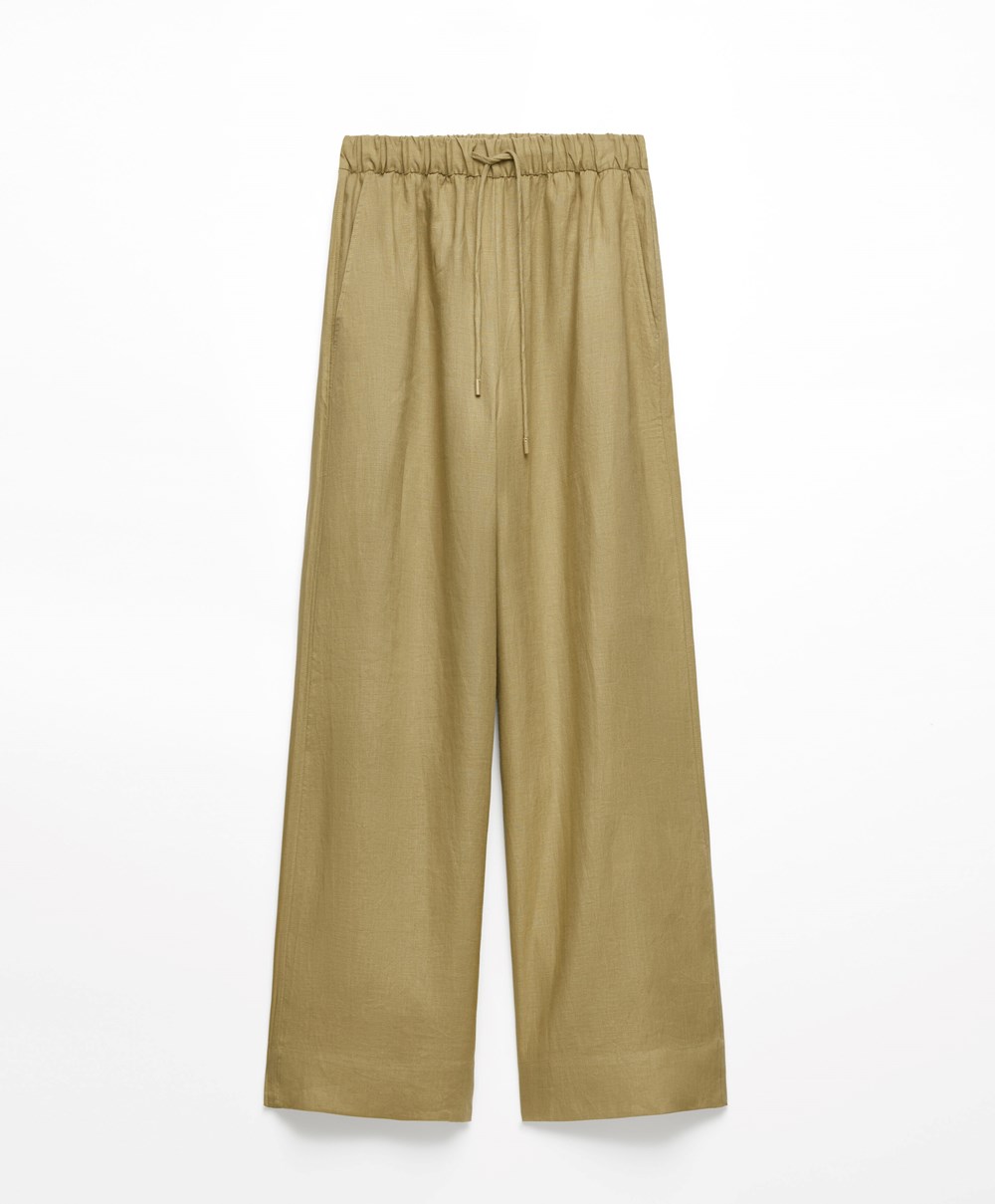 Oysho 100% Linen φαρδια Ευθεία-leg Trousers Χακί | ROYJFG-239