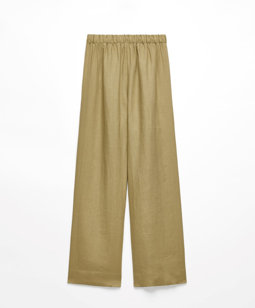 Oysho 100% Linen φαρδια Ευθεία-leg Trousers Χακί | ROYJFG-239