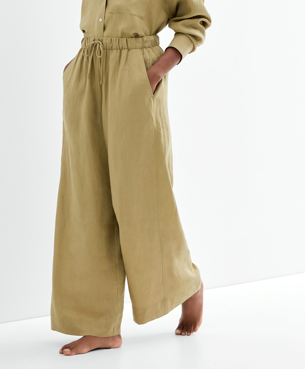 Oysho 100% Linen φαρδια Ευθεία-leg Trousers Χακί | ROYJFG-239