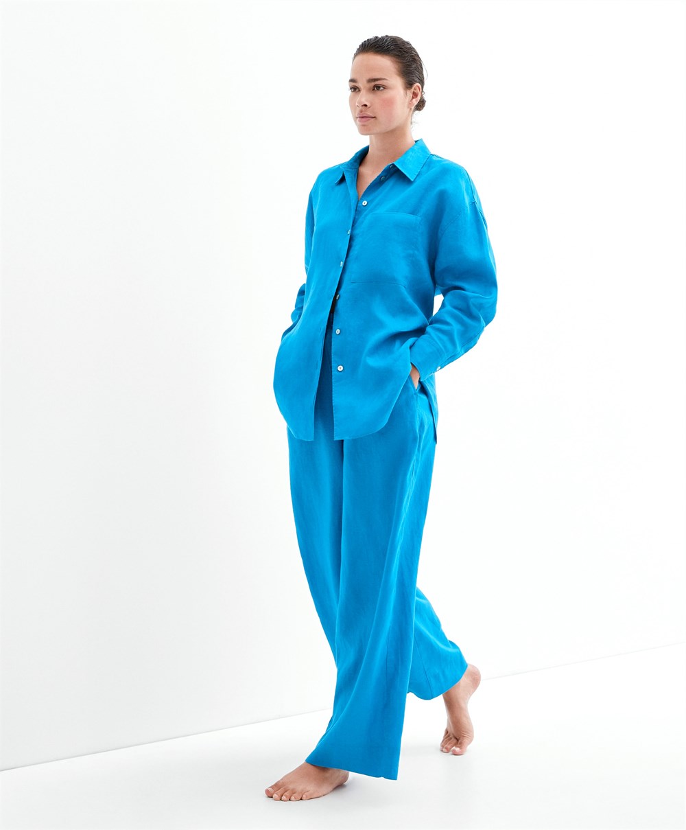 Oysho 100% Linen φαρδια Ευθεία-leg Trousers Turquoise-blue | XBWCVE-346