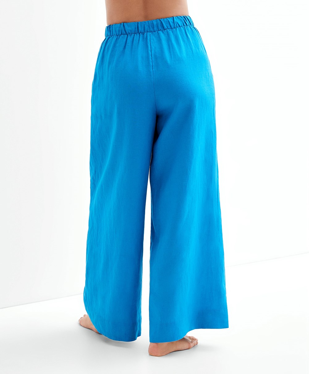 Oysho 100% Linen φαρδια Ευθεία-leg Trousers Turquoise-blue | XBWCVE-346