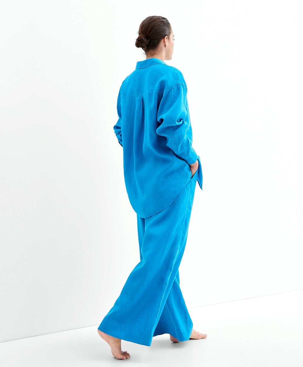 Oysho 100% Linen φαρδια Ευθεία-leg Trousers Turquoise-blue | XBWCVE-346