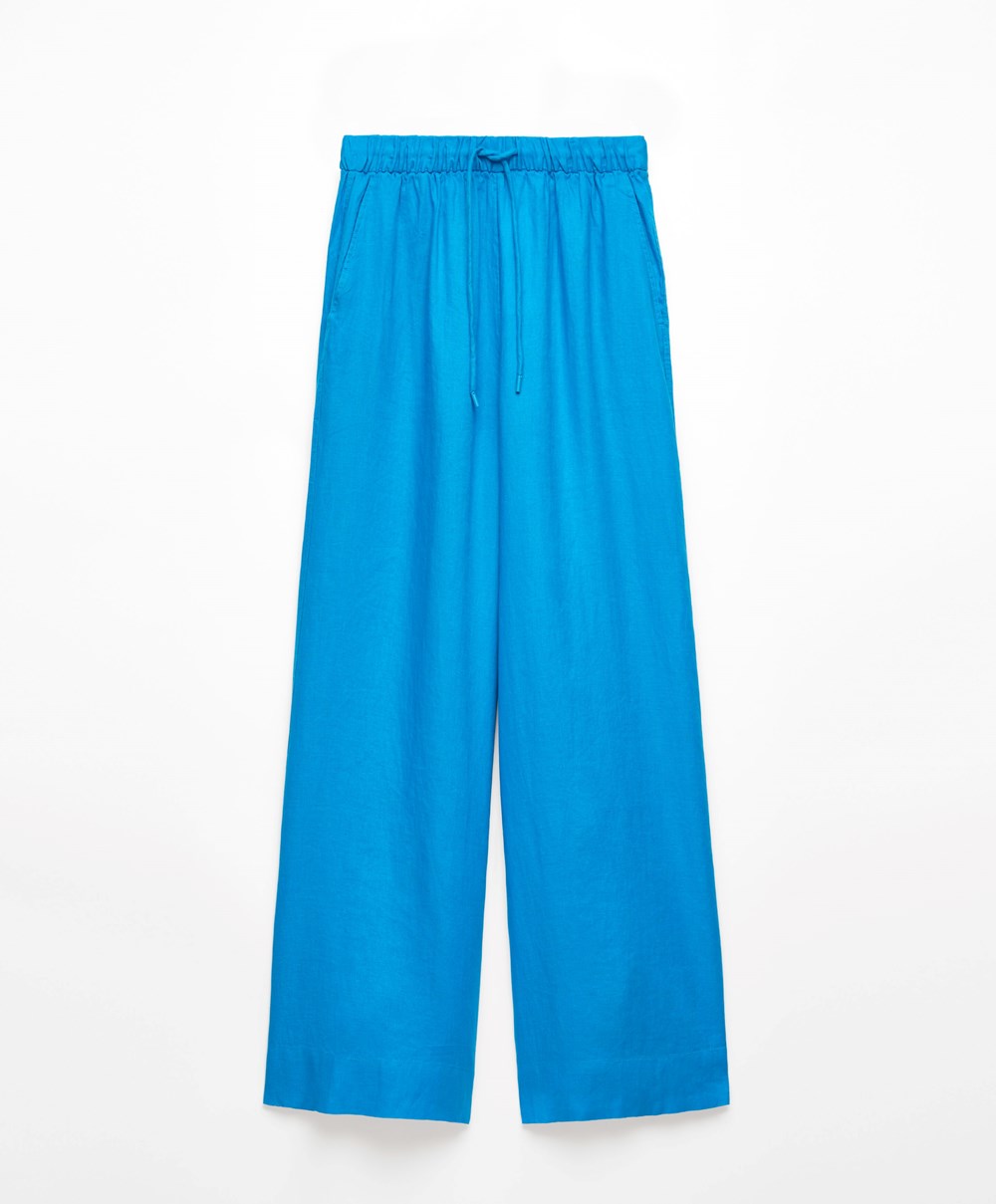 Oysho 100% Linen φαρδια Ευθεία-leg Trousers Turquoise-blue | XBWCVE-346