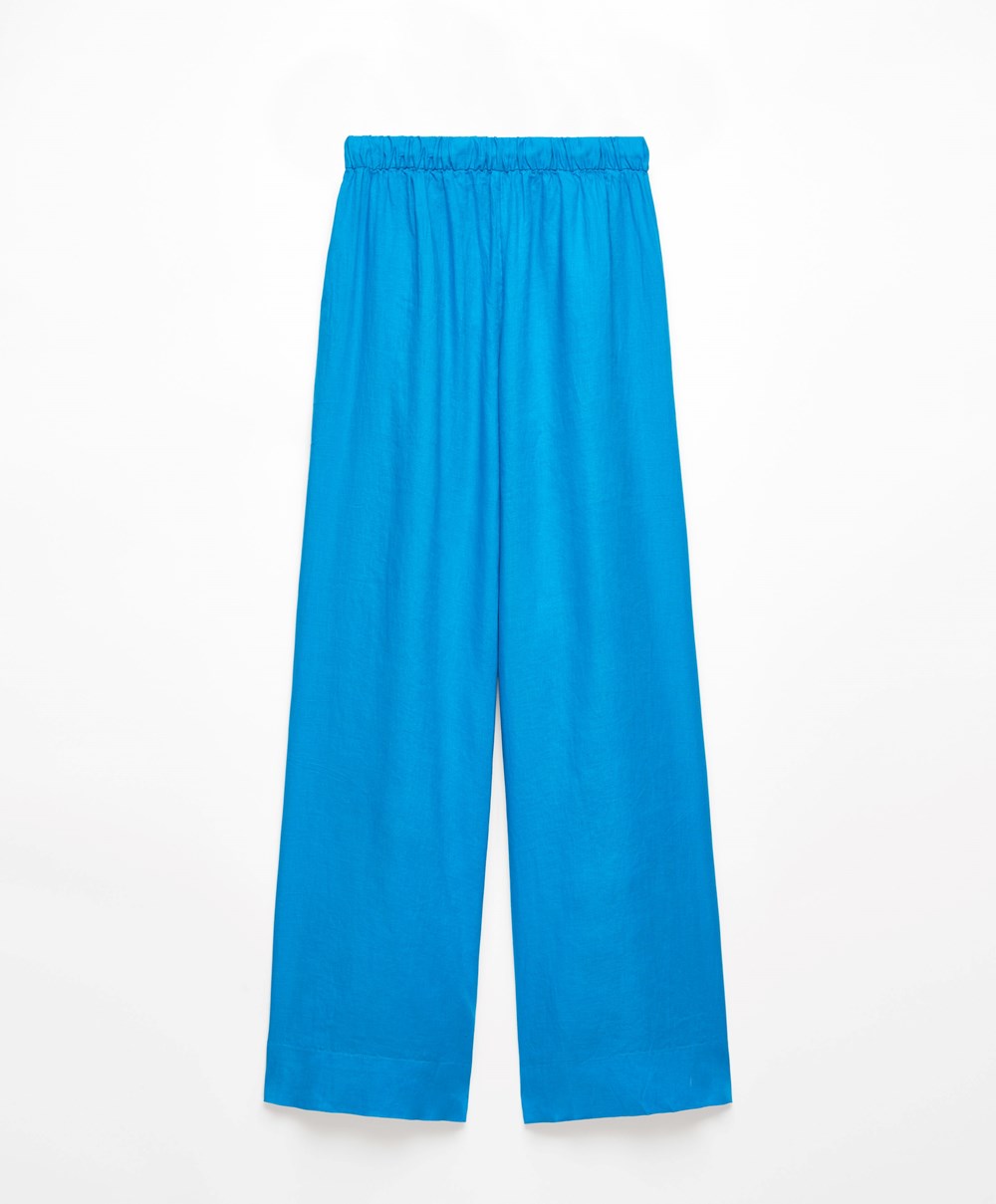 Oysho 100% Linen φαρδια Ευθεία-leg Trousers Turquoise-blue | XBWCVE-346