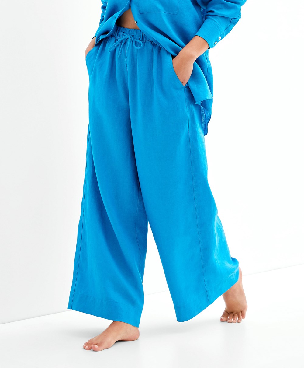 Oysho 100% Linen φαρδια Ευθεία-leg Trousers Turquoise-blue | XBWCVE-346