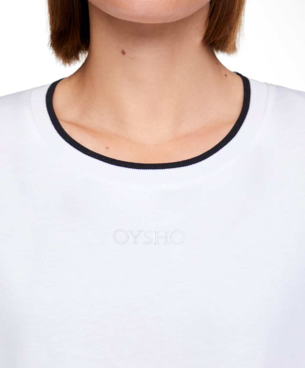 Oysho 100% βαμβακερα Cropped κοντο-sleeved Logo T-shirt ασπρα | FTNJVQ-523