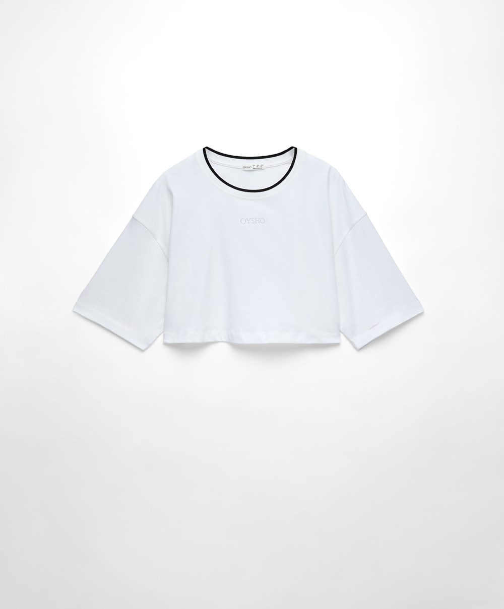 Oysho 100% βαμβακερα Cropped κοντο-sleeved Logo T-shirt ασπρα | FTNJVQ-523