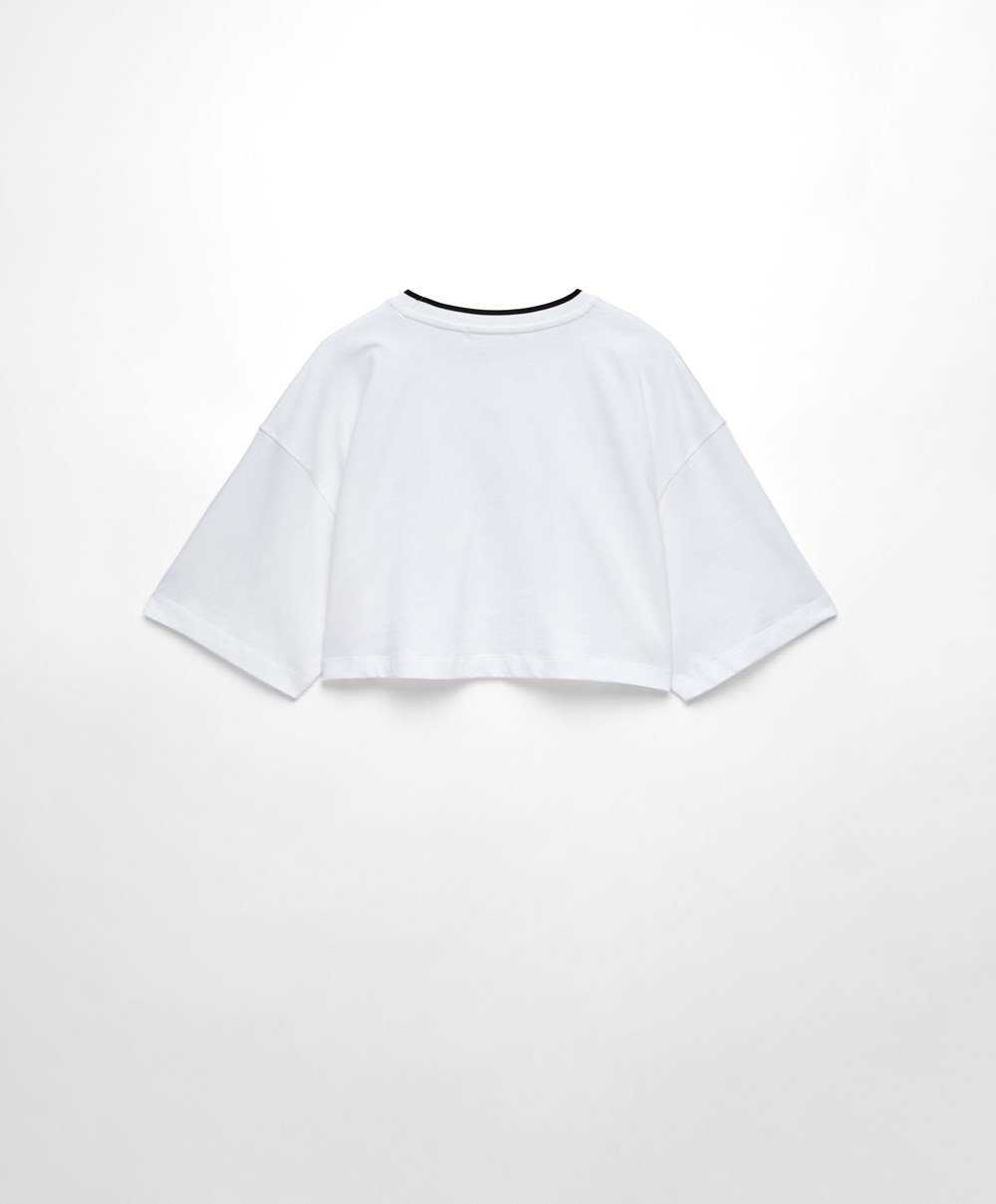 Oysho 100% βαμβακερα Cropped κοντο-sleeved Logo T-shirt ασπρα | FTNJVQ-523