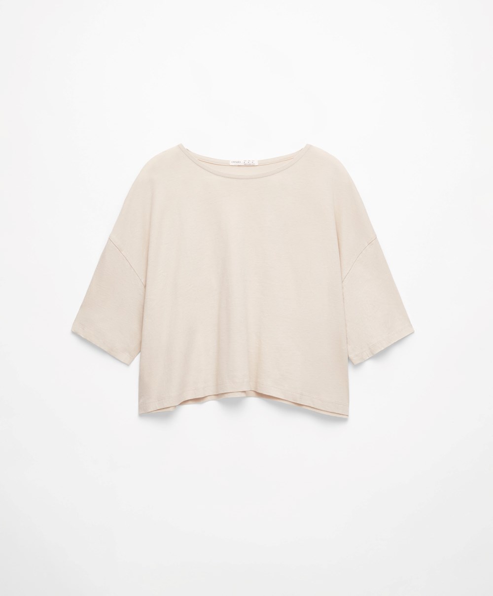 Oysho 100% βαμβακερα Cropped κοντο-sleeved T-shirt Ecru | PIZUYL-817