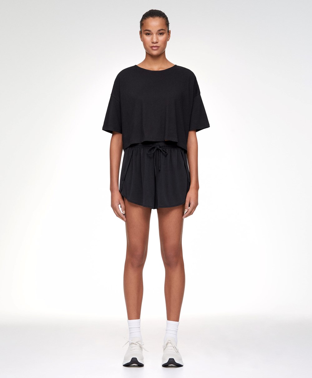 Oysho 100% βαμβακερα Cropped κοντο-sleeved T-shirt μαυρα | UZXEDQ-458