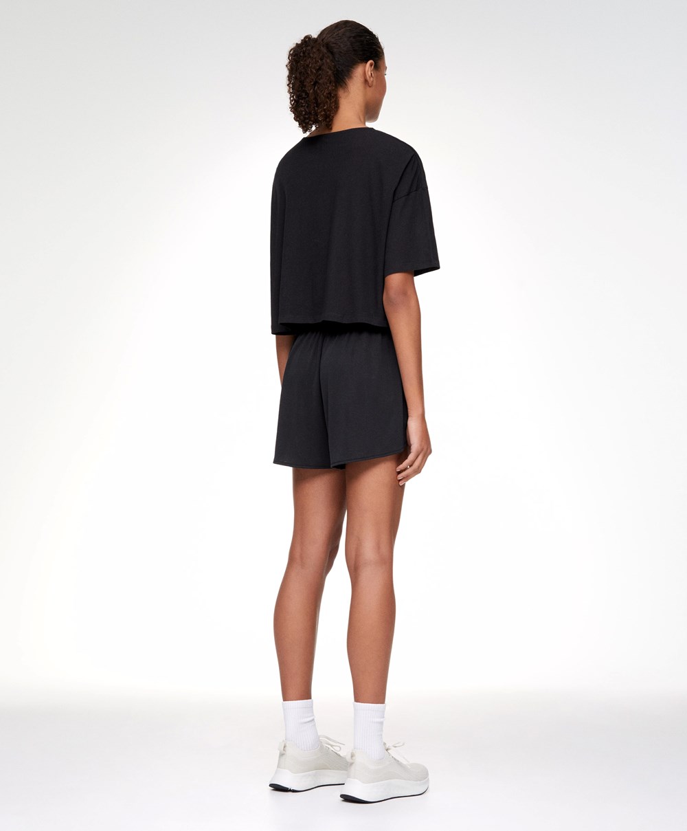 Oysho 100% βαμβακερα Cropped κοντο-sleeved T-shirt μαυρα | UZXEDQ-458