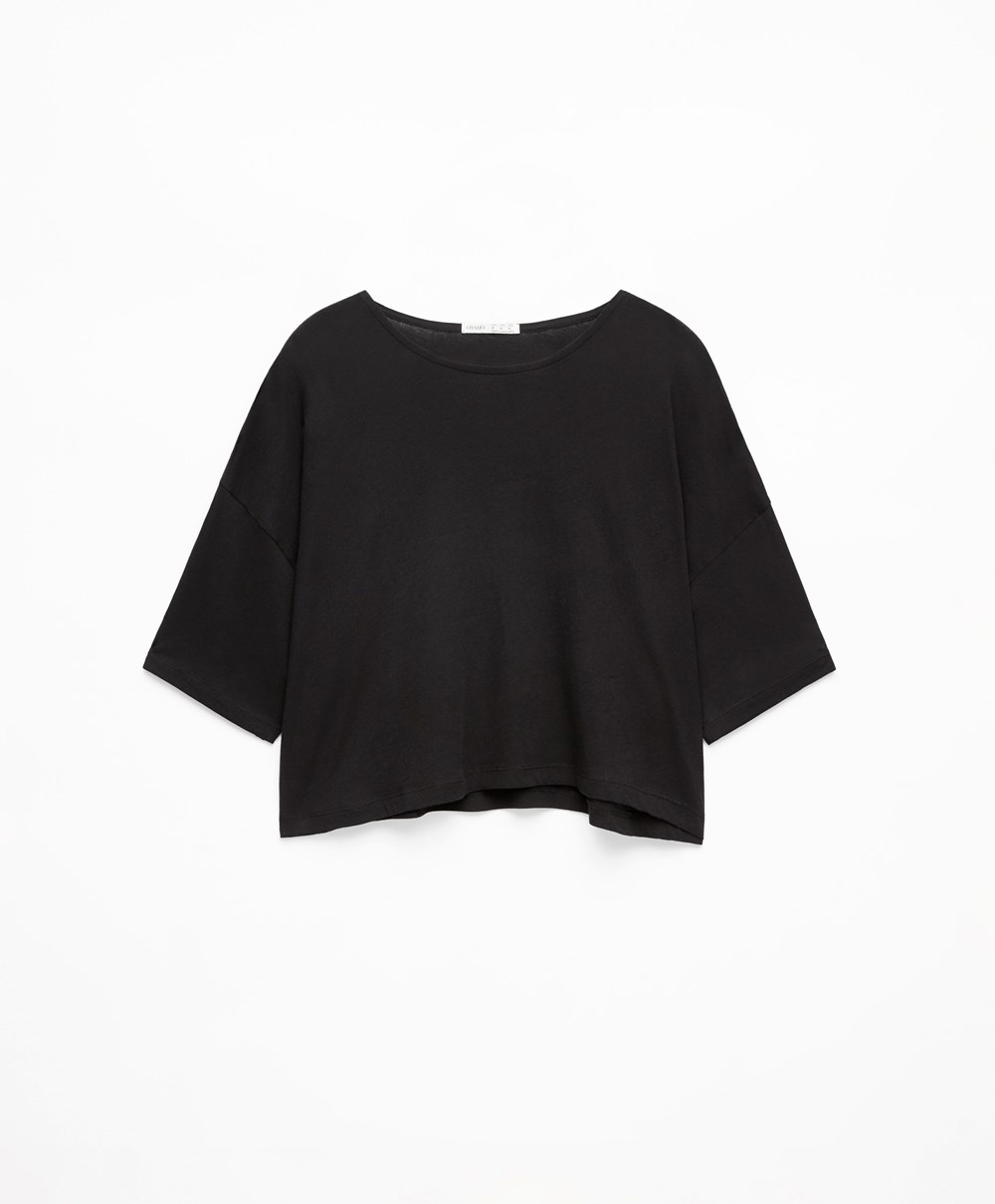 Oysho 100% βαμβακερα Cropped κοντο-sleeved T-shirt μαυρα | UZXEDQ-458