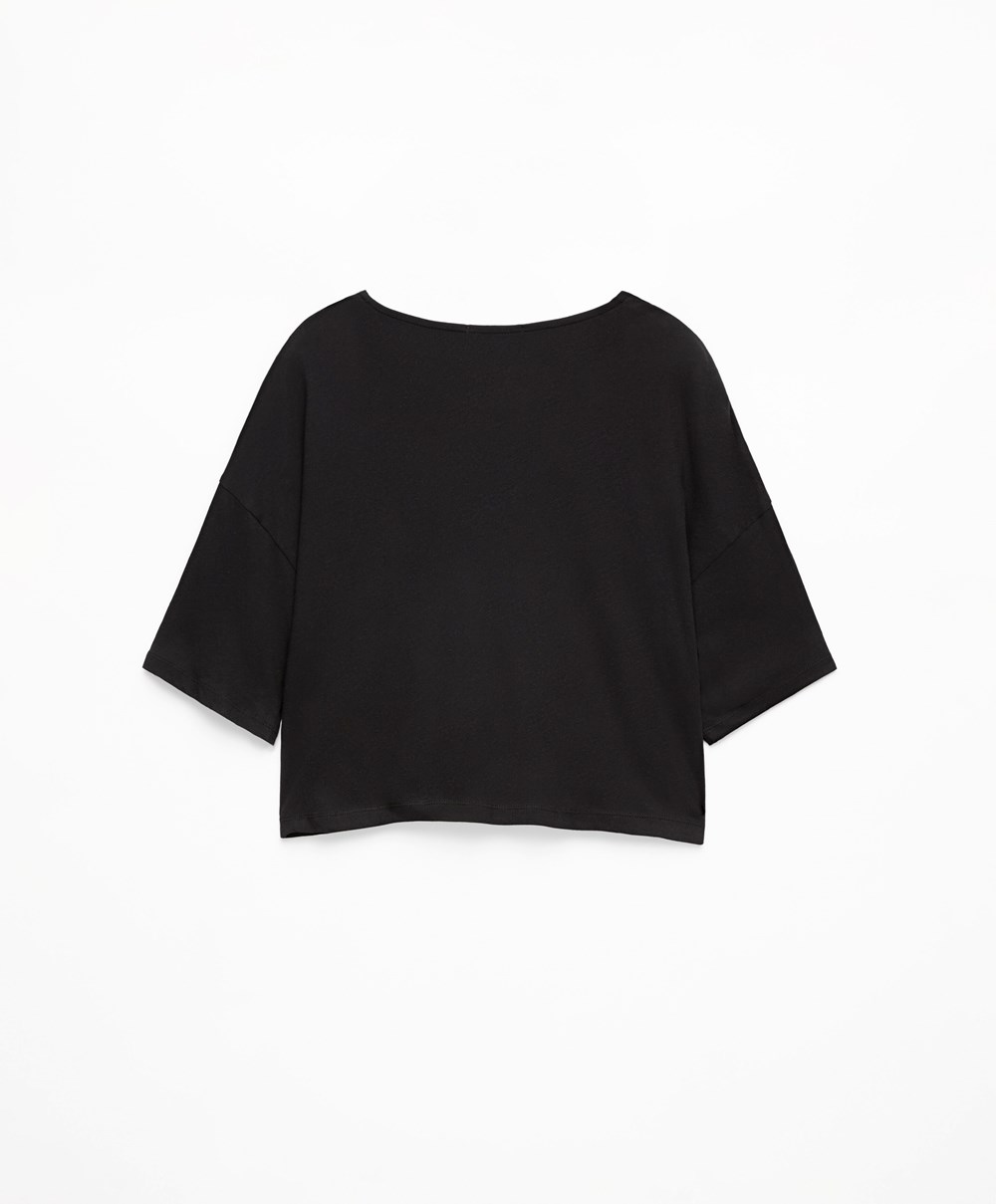 Oysho 100% βαμβακερα Cropped κοντο-sleeved T-shirt μαυρα | UZXEDQ-458