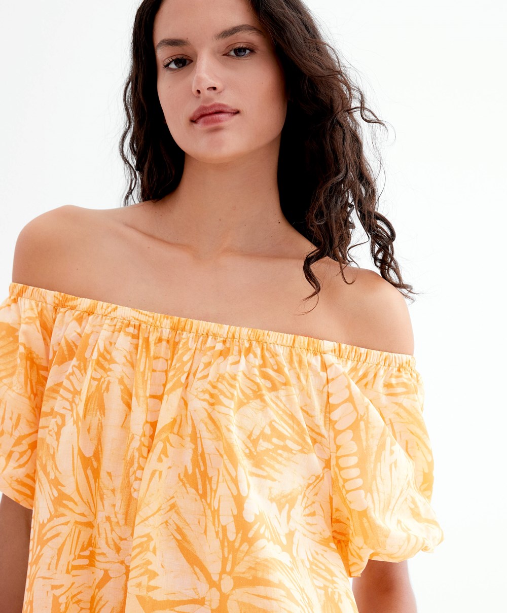 Oysho 100% βαμβακερα Off Shoulder φορεμα κίτρινα | YGVZON-129