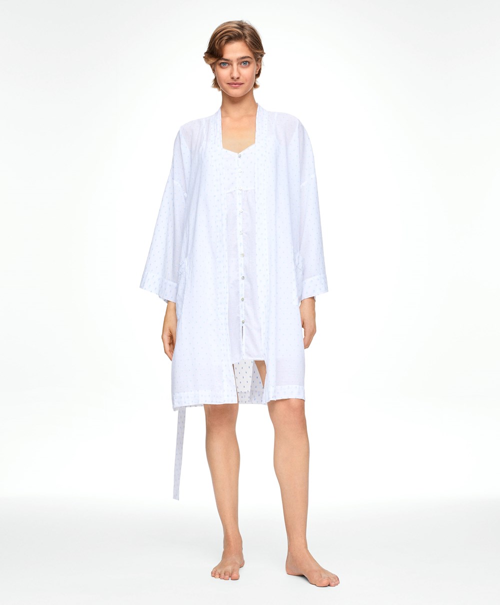 Oysho 100% βαμβακερα Plumeti Dressing Gown ασπρα | UFJGOC-184