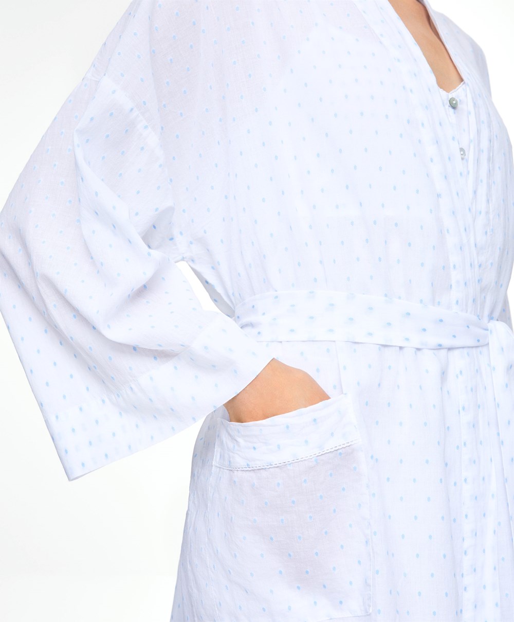 Oysho 100% βαμβακερα Plumeti Dressing Gown ασπρα | UFJGOC-184