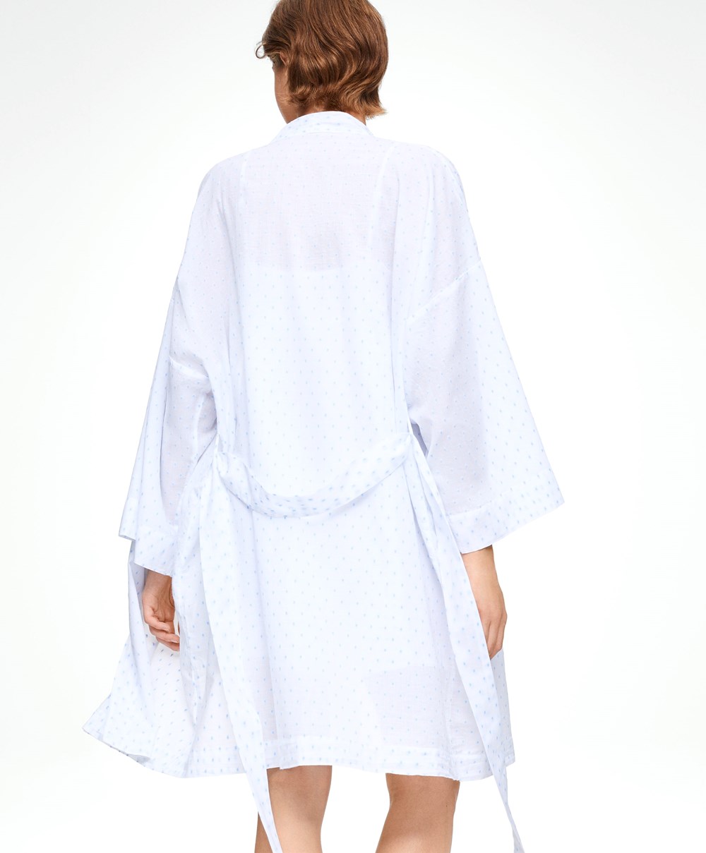 Oysho 100% βαμβακερα Plumeti Dressing Gown ασπρα | UFJGOC-184