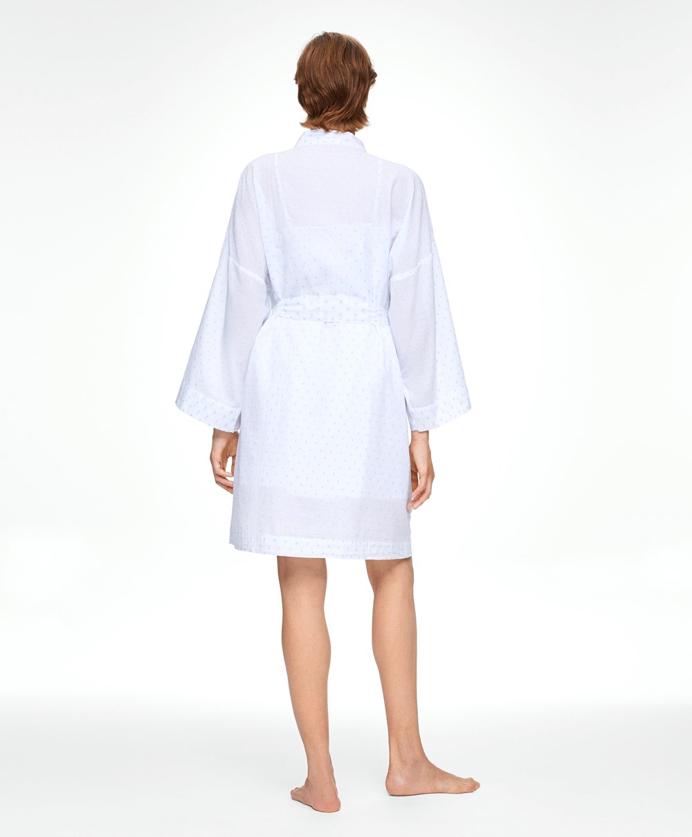 Oysho 100% βαμβακερα Plumeti Dressing Gown ασπρα | UFJGOC-184