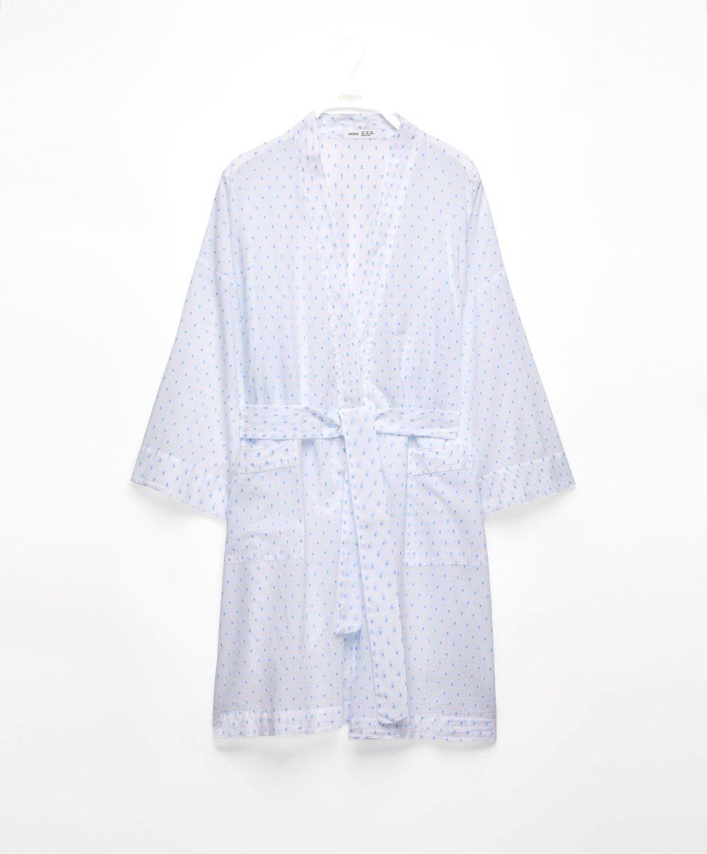 Oysho 100% βαμβακερα Plumeti Dressing Gown ασπρα | UFJGOC-184