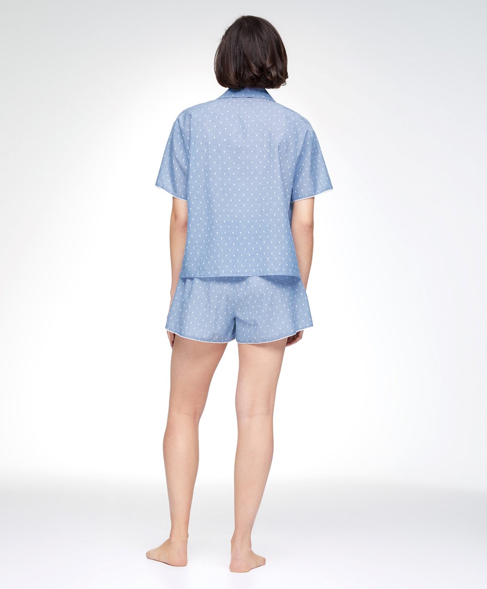 Oysho 100% βαμβακερα Plumeti Printed Shorts μπλε | GATIBR-316