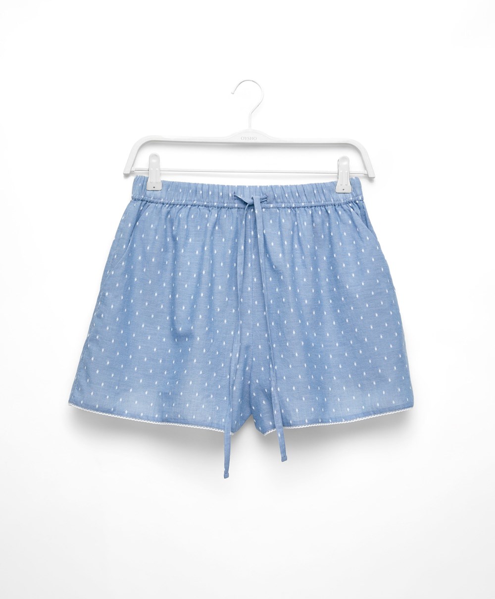 Oysho 100% βαμβακερα Plumeti Printed Shorts μπλε | GATIBR-316